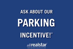 Toronto apartment for rent - A blue background with text promoting a parking incentive.