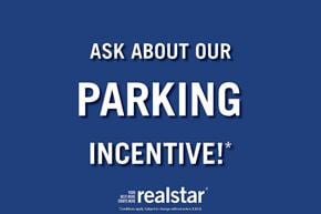 Toronto apartment for rent - A blue background with text promoting a parking incentive.