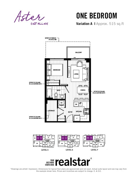 Floor plan for 1 bed, 1 bath, 529 sqft