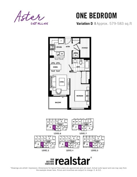 Floor plan for 1 bed, 1 bath, 583 sqft