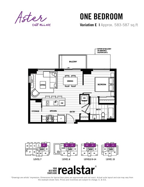 Floor plan for 1 bed, 1 bath, 586 sqft