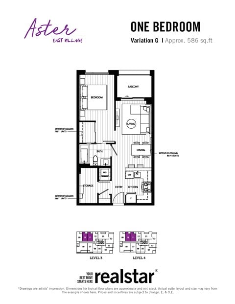 Floor plan for 1 bed, 1 bath, 586 sqft
