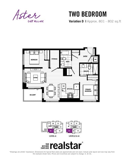 Floor plan for 2 beds, 2 baths, 801 sqft