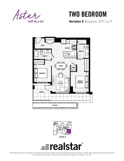 Floor plan for 2 beds, 2 baths, 872 sqft