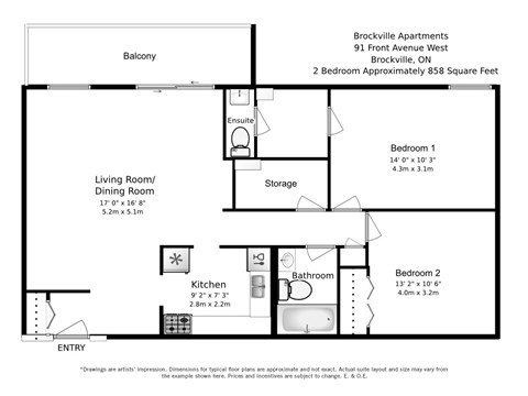 Floor plan for 2 beds, 1.5 baths, 858 sqft