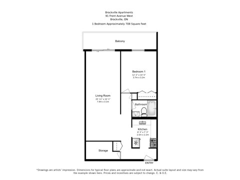 Floor plan for 1 bed, 1 bath, 708 sqft