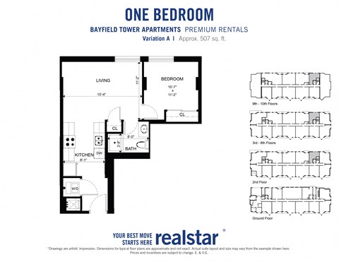 Floor plan for 1 bed, 1 bath, 510 sqft