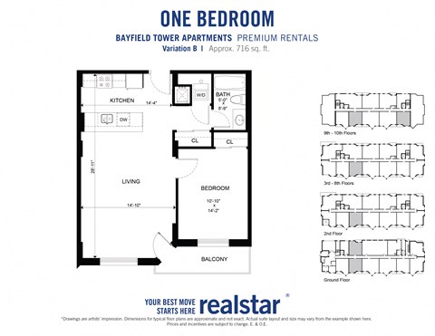 Floor plan for 1 bed, 1 bath, 716 sqft