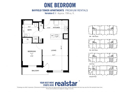 Floor plan for 1 bed, 1 bath, 708 sqft