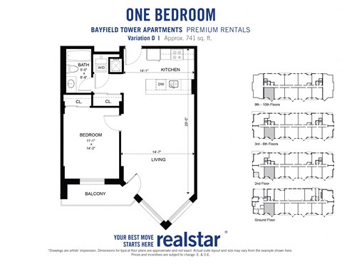 Floor plan for 1 bed, 1 bath, 741 sqft