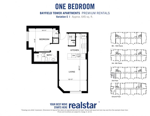 Floor plan for 1 bed, 1 bath, 645 sqft