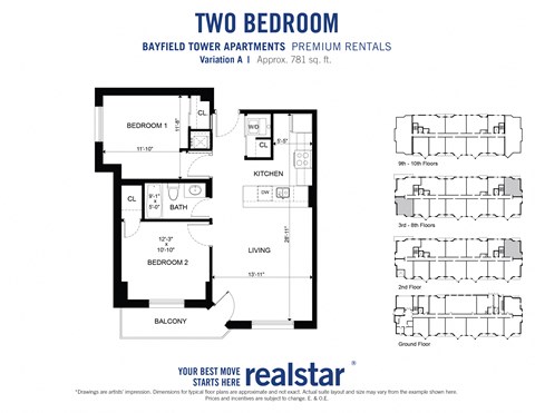 Floor plan for 2 beds, 1 bath, 781 sqft