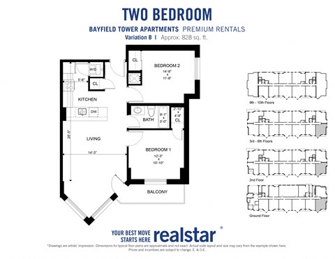 Floor plan for 2 beds, 1 bath, 828 sqft