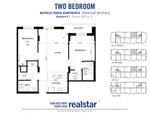 Floor plan for 2 beds, 2 baths, 902 sqft