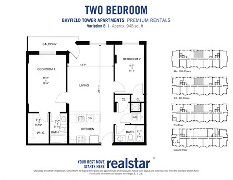 Floor plan for 2 beds, 2 baths, 948 sqft