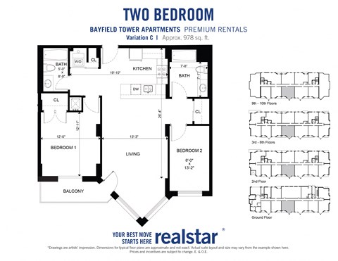 Floor plan for 2 beds, 2 baths, 951 sqft
