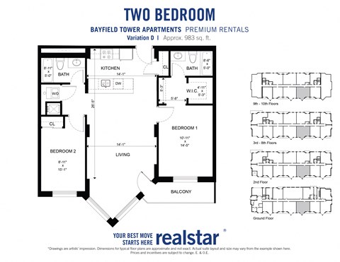 Floor plan for 2 beds, 2 baths, 983 sqft