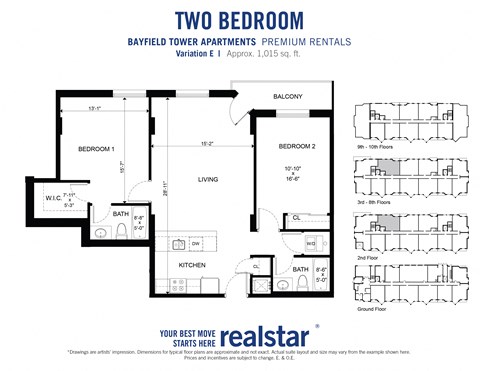 Floor plan for 2 beds, 2 baths, 1015 sqft
