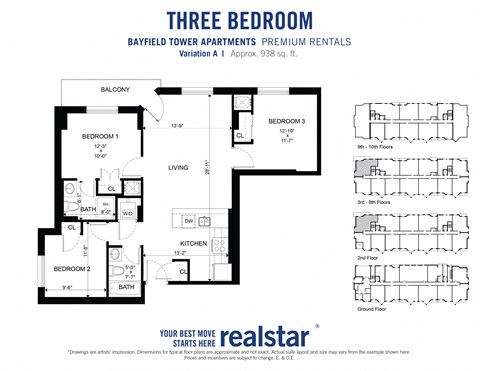 Floor plan for 3 beds, 2 baths, 938 sqft