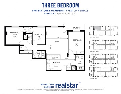 Floor plan for 3 beds, 2 baths, 1177 sqft