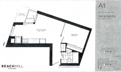 Floor plan for 1 bed, 1 bath, 569 sqft