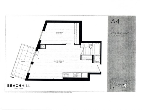 Floor plan for 1 bed, 1 bath, 611 sqft