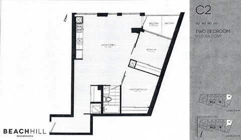 Floor plan for 2 beds, 1 bath, 878 sqft