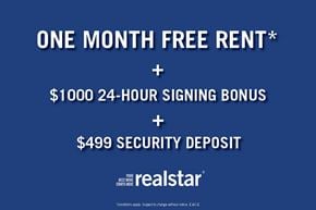 Calgary apartment for rent - A promotional image for realstar offering a one month free rent, a $1000 24-hour signing bonus, and a $499 security deposit.