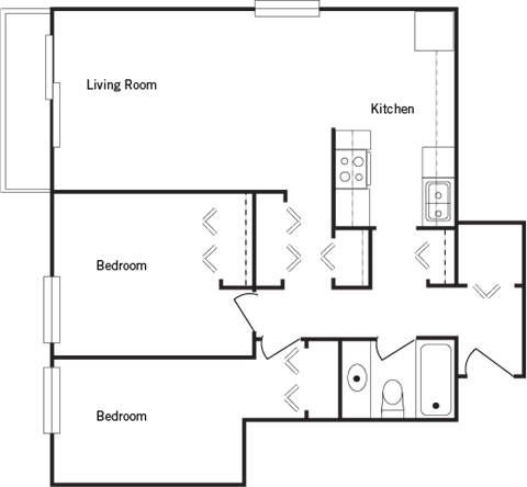 Floor plan for 2 beds, 1 bath, 770 sqft