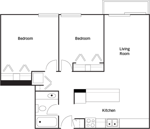 Floor plan for 2 beds, 1 bath