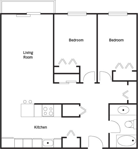 Floor plan for 2 beds, 1 bath, 800 sqft