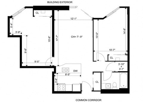 Floor plan for 2 beds, 1 bath, 830 sqft
