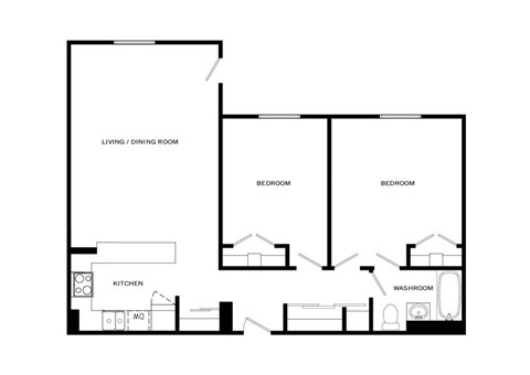Floor plan for 2 beds, 1 bath, 786 sqft