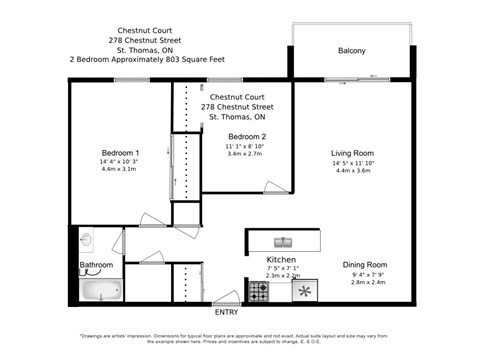 Floor plan for 2 beds, 1 bath, 803 sqft