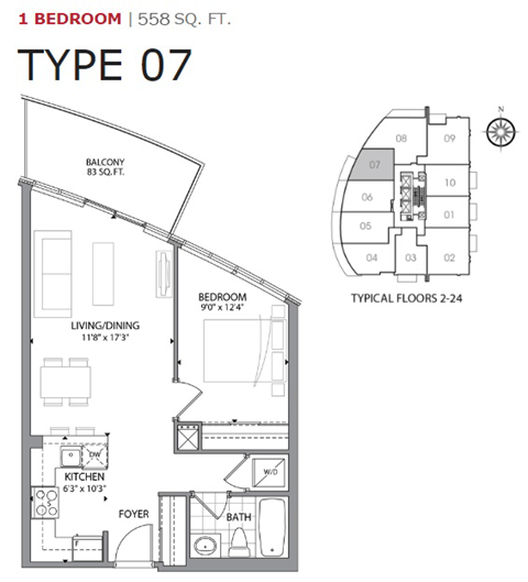 Floor plan for 1 bed, 1 bath, 558 sqft