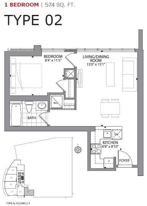 Floor plan for 1 bed, 1 bath, 574 sqft