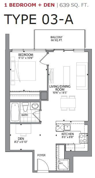 Floor plan for 1 bed, 1 bath, 639 sqft