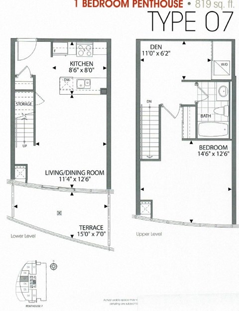 Floor plan for 1 bed, 1 bath, 819 sqft