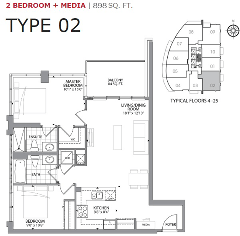 Floor plan for 2 beds, 2 baths, 898 sqft