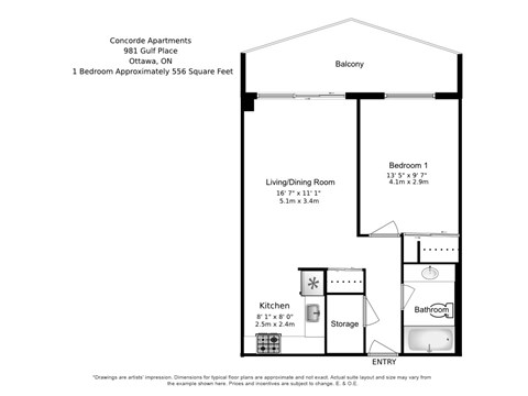Floor plan for 1 bed, 1 bath, 556 sqft