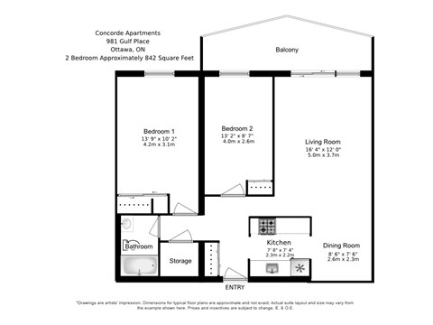 Floor plan for 2 beds, 1 bath, 842 sqft