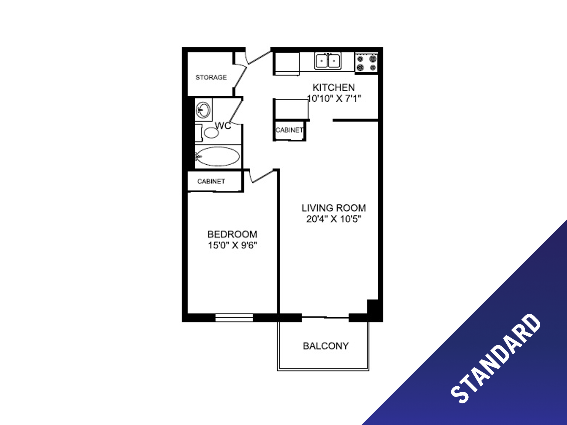 Floor plan for 1 bed, 1 bath, 613 sqft