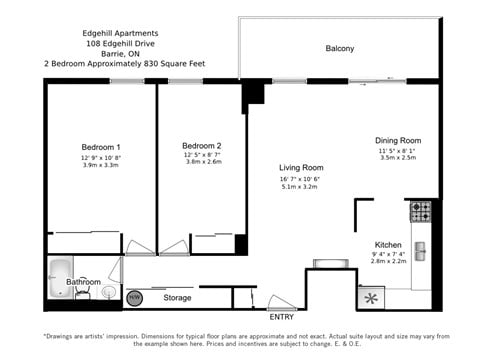 Floor plan for 2 beds, 1 bath, 830 sqft