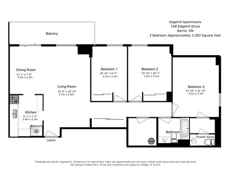 Floor plan for 3 beds, 1.5 baths, 1083 sqft