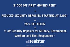 Edmonton apartment for rent - A promotional image for Realstar offering various discounts and incentives.