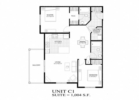 Floor plan for 2 beds, 2 baths, 1004 sqft