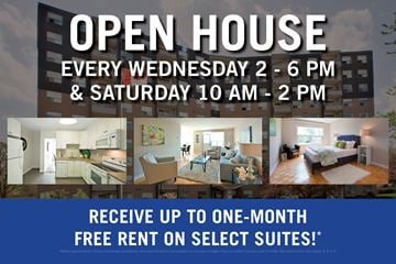 Sarnia apartment for rent - An advertisement for an open house event with a photo collage of different suites.