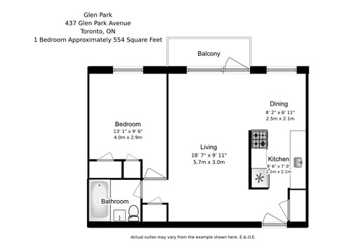 Floor plan for 1 bed, 1 bath, 554 sqft