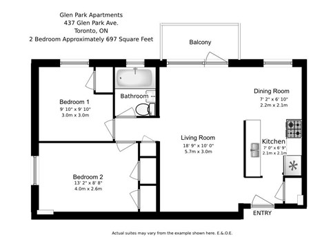 Floor plan for 2 beds, 1 bath, 697 sqft