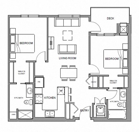 Floor plan for 2 beds, 2 baths, 896 sqft